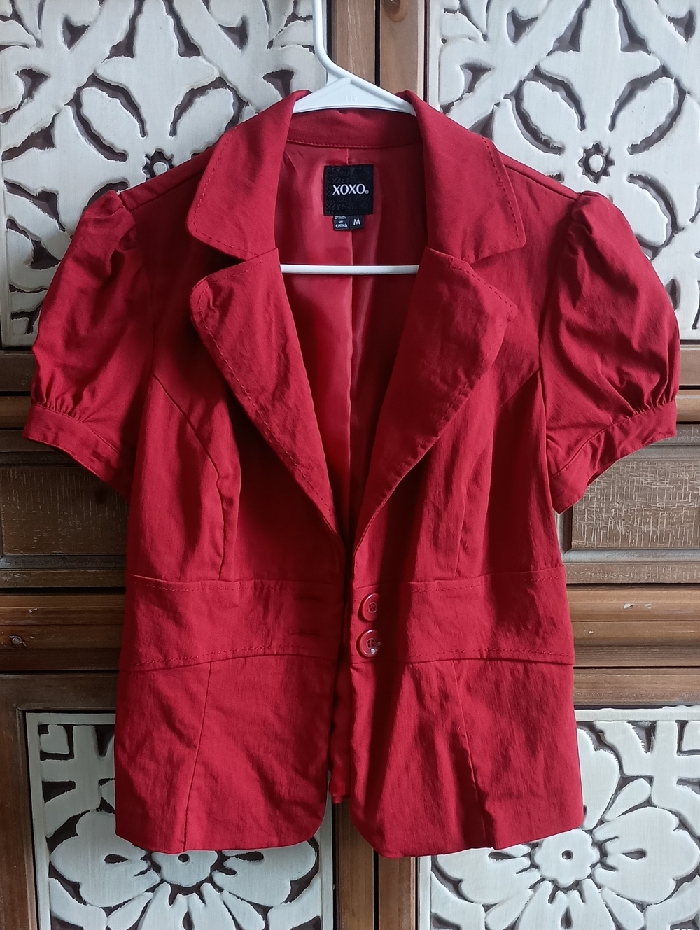 XOXO Red Puff-Sleeve Short Blazer
